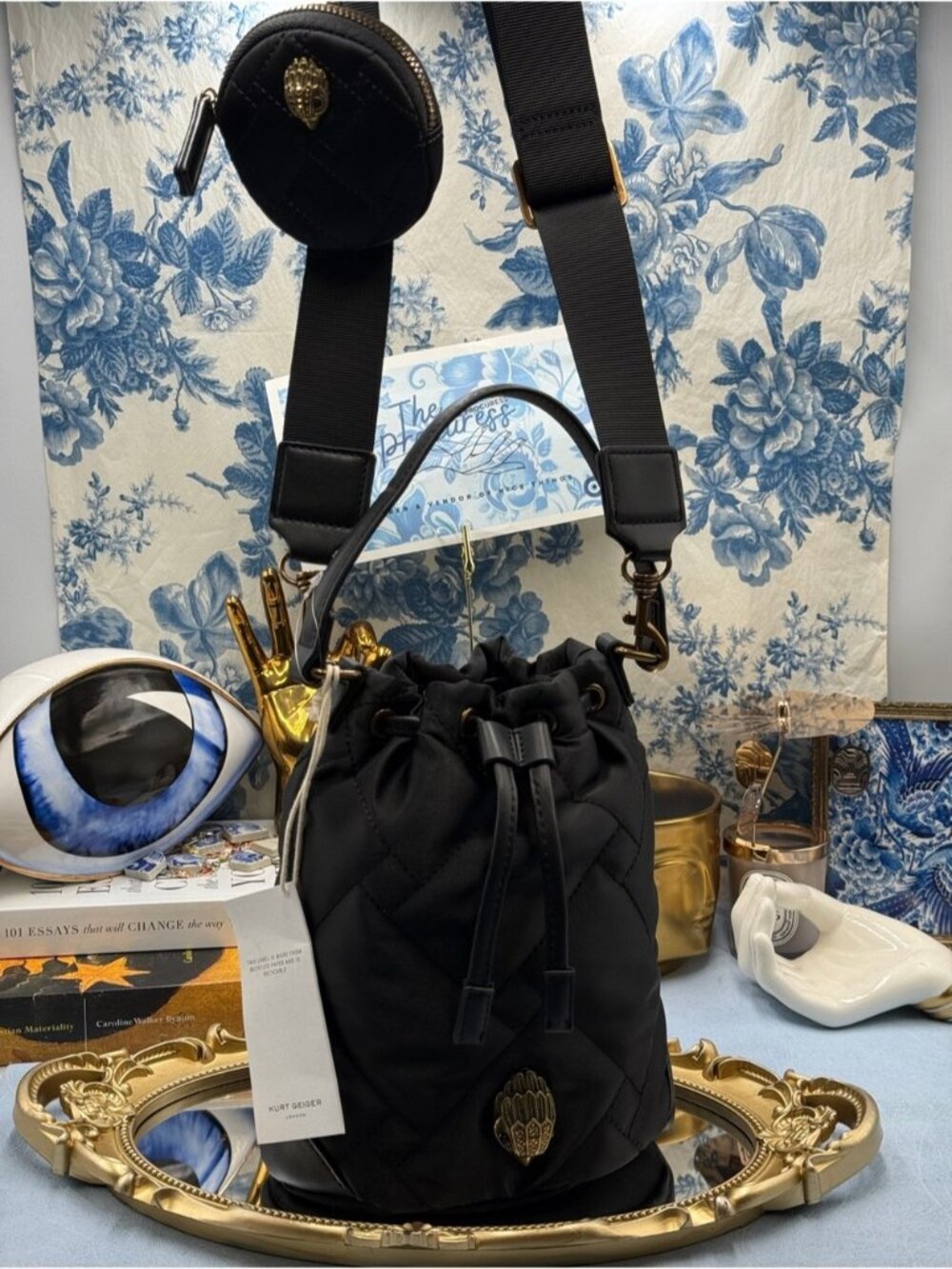 🆕 KURT GEIGER LONDON 🧿 NWT Recycled Multi Drawstring Bucket Bag, Black